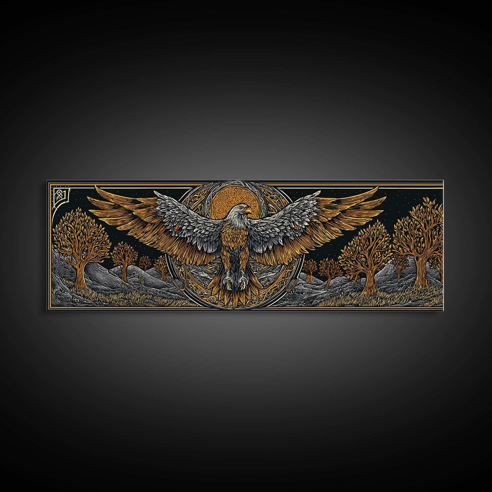 Eagle With Outstretched Wings, Mythology Bird Wall Decor, Gold Canvas Print, Symbolic Strength Art, Real Wood Frame