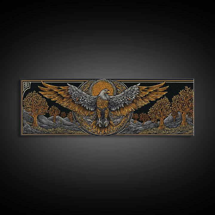 Eagle With Outstretched Wings, Mythology Bird Wall Decor, Gold Canvas Print, Symbolic Strength Art, Real Wood Frame