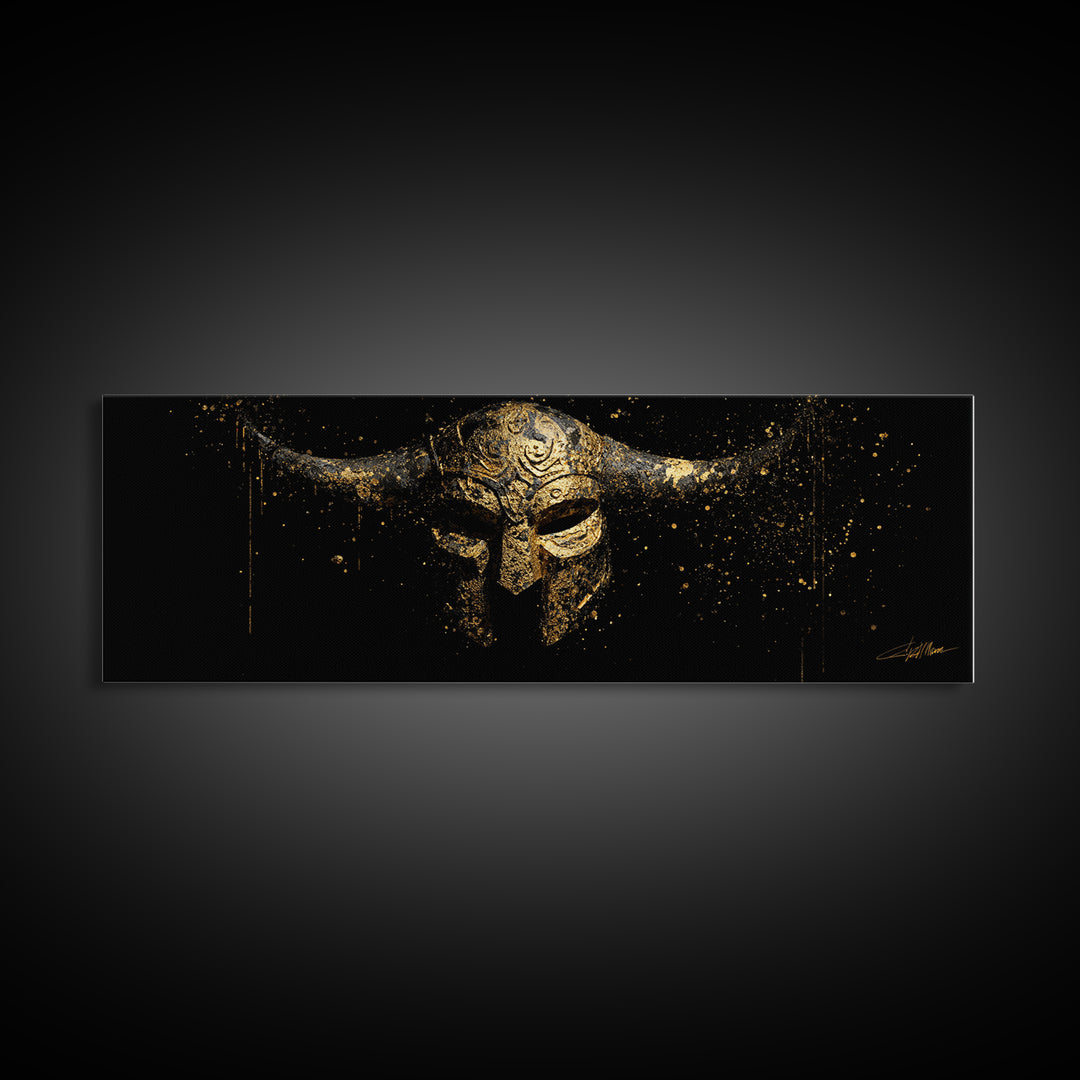 Warrior Viking Helmet, Norse Mythology Wall Art, Gold Canvas Print, Dramatic Historical Decor, Real Wood Frame