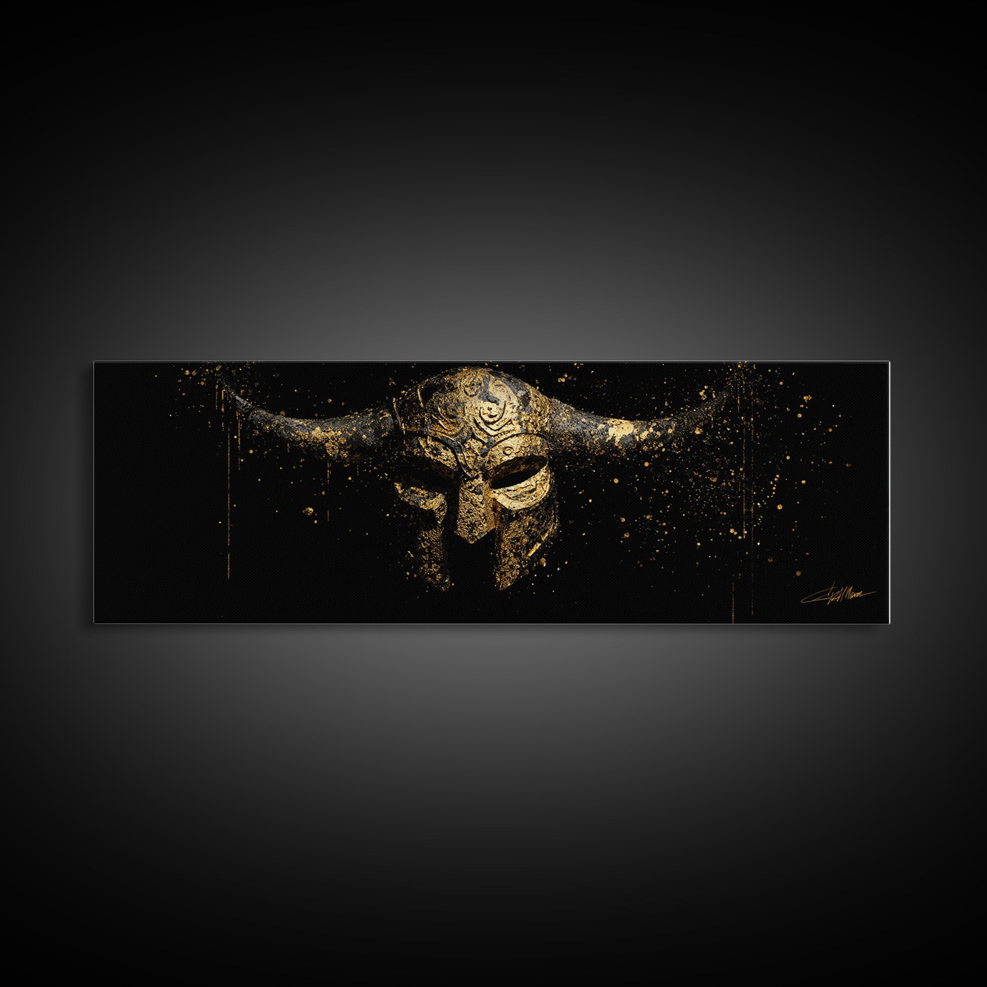 Warrior Viking Helmet, Norse Mythology Wall Art, Gold Canvas Print, Dramatic Historical Decor, Real Wood Frame