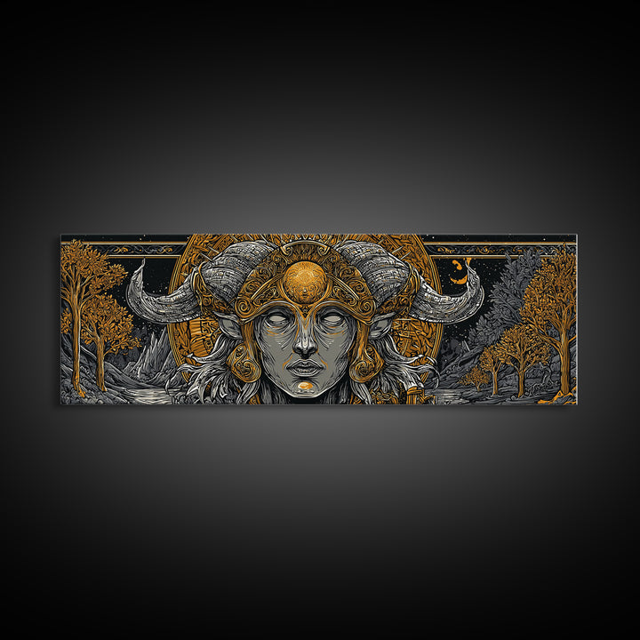 Horned Goddess Portrait, Celtic Mythology Wall Decor, Gold Canvas Print, Fantasy Pagan Inspired Art, Real Wood Frame