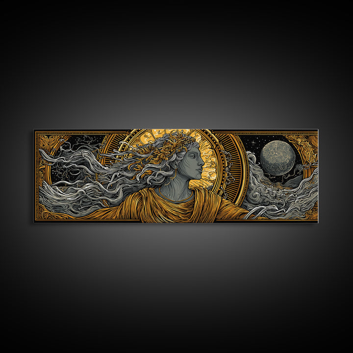 Solar Goddess With Moon, Celestial Mythology Wall Art, Gold Canvas Print, Elegant Greek Inspired Decor, Real Wood Frame