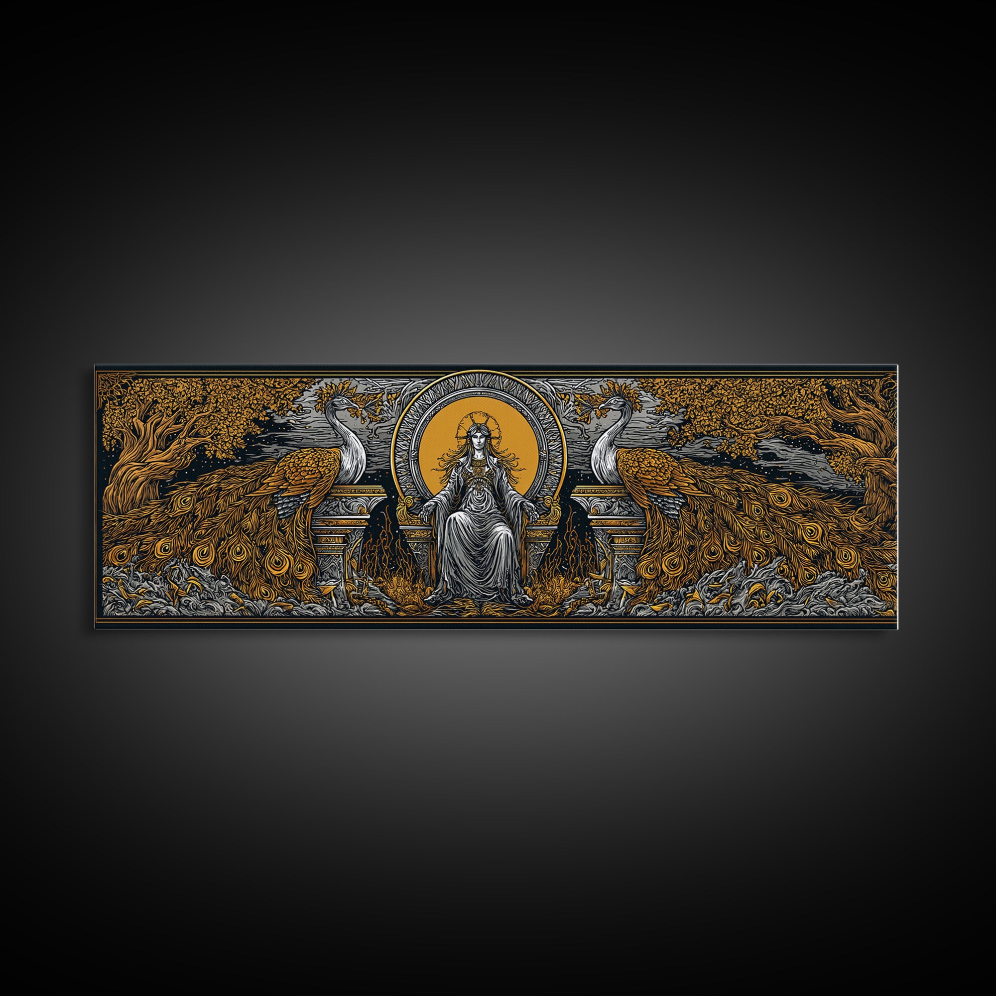 Queen Goddess With Peacocks, Mythology Regal Wall Art, Gold Canvas Print, Luxurious Divine Decor, Real Wood Frame