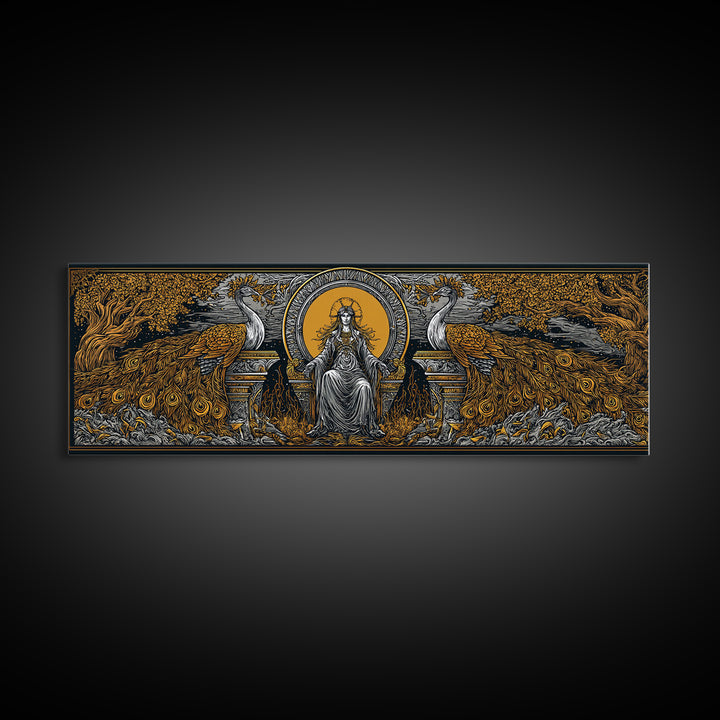 Queen Goddess With Peacocks, Mythology Regal Wall Art, Gold Canvas Print, Luxurious Divine Decor, Real Wood Frame