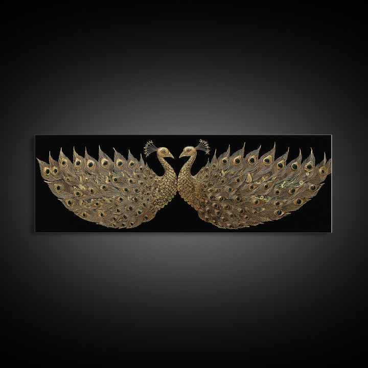 Twin Peacock Feathers, Elegant Bird Wall Decor, Gold Canvas Print, Symbolic Decorative Art, Real Wood Frame