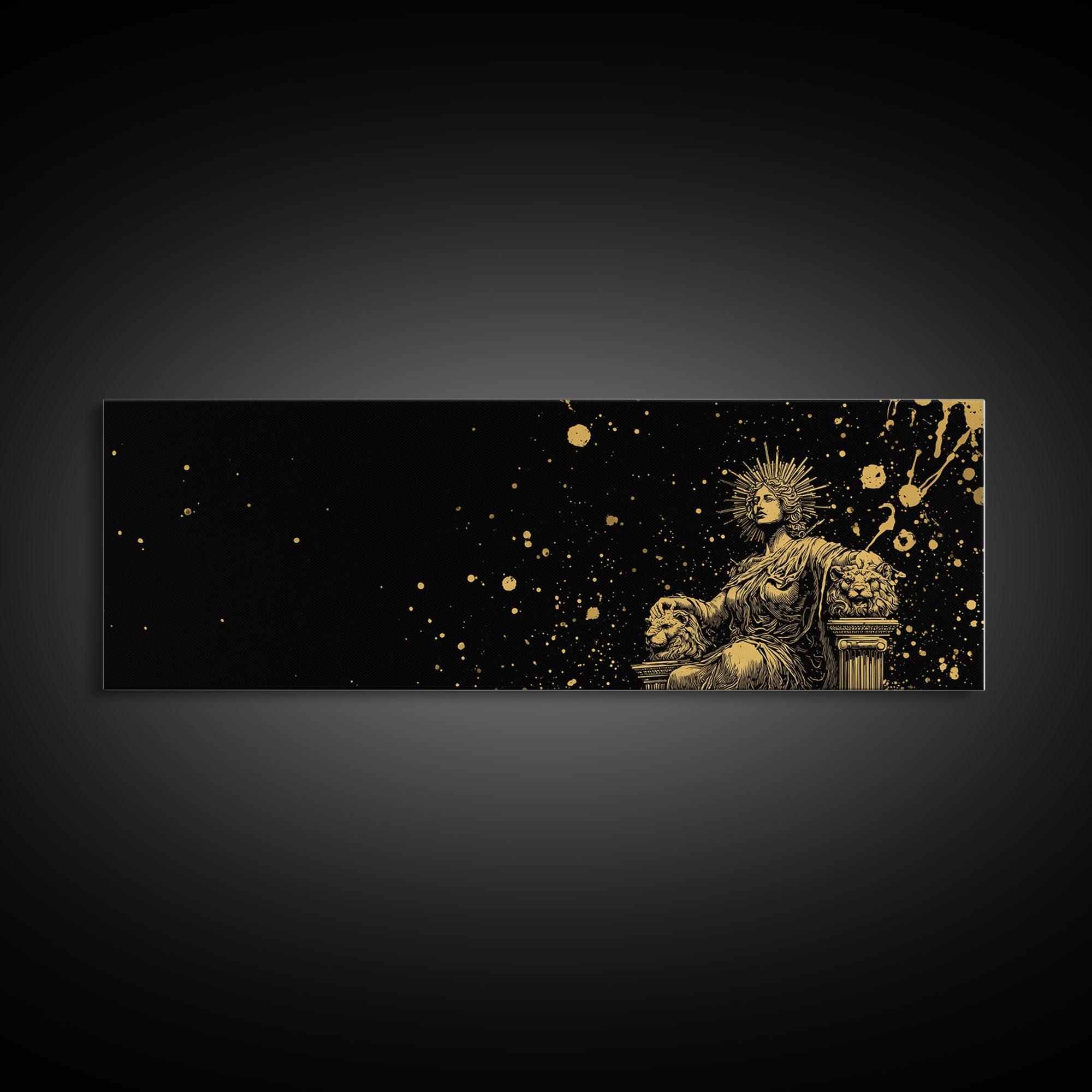 Celestial Goddess On Throne, Mythology Divine Wall Decor, Gold Canvas Print, Cosmic Starry Art, Real Wood Frame