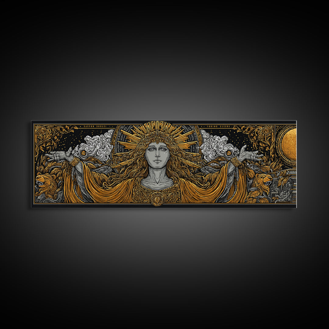 Hera Goddess Gold Canvas Print, Greek Mythology Wall Art, Regal Woman Illustration, Real Wood Frame, Luxury Home Decor