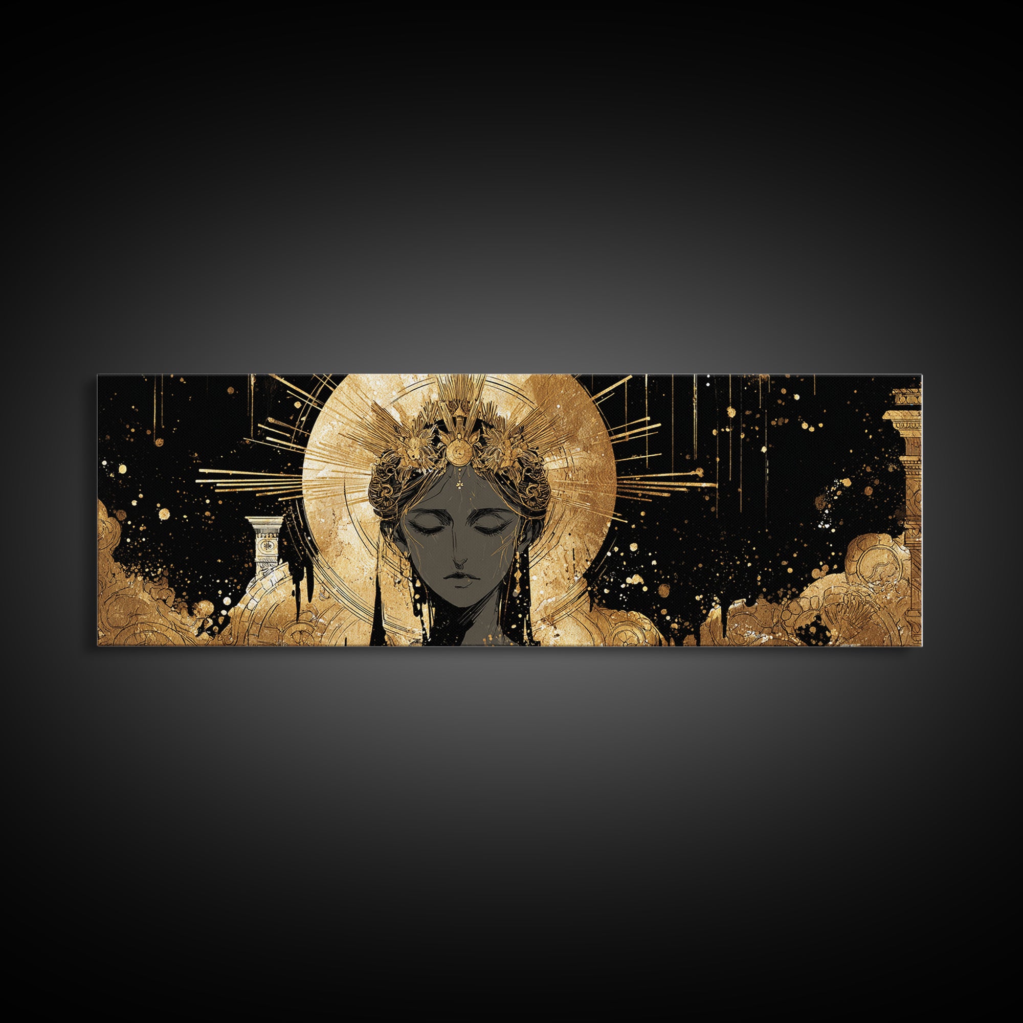 Hera Divine Gold Canvas Print, Greek Goddess Wall Art, Mythological Woman Portrait, Real Wood Frame, Elegant Home Decor