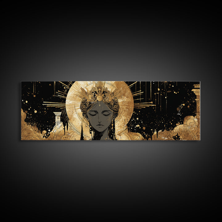 Hera Divine Gold Canvas Print, Greek Goddess Wall Art, Mythological Woman Portrait, Real Wood Frame, Elegant Home Decor
