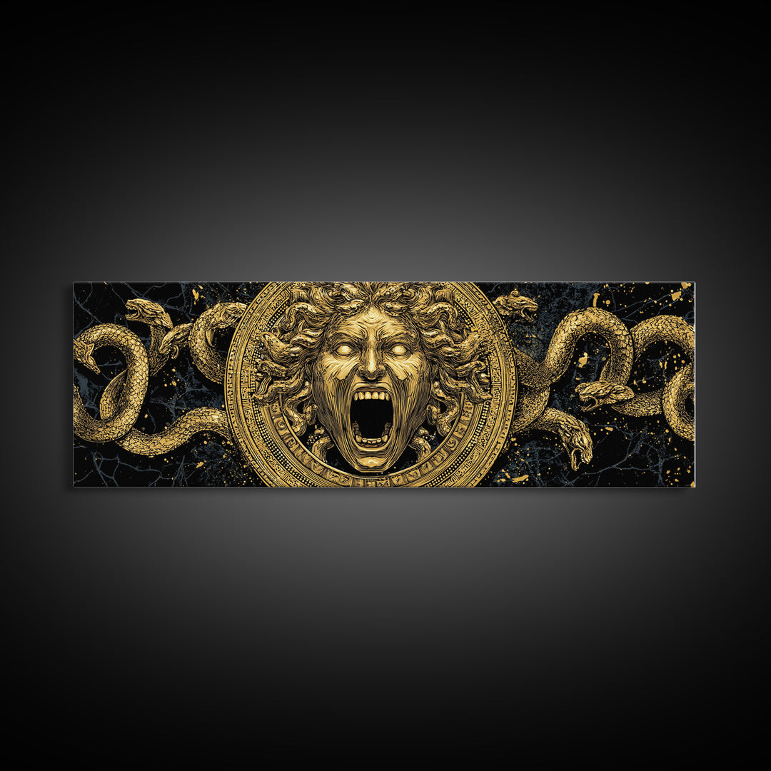 Medusa Gold Canvas Print, Mythology Wall Art, Serpent Hair Gorgon Illustration, Greek Goddess Decor, Real Wood Frame, Luxury