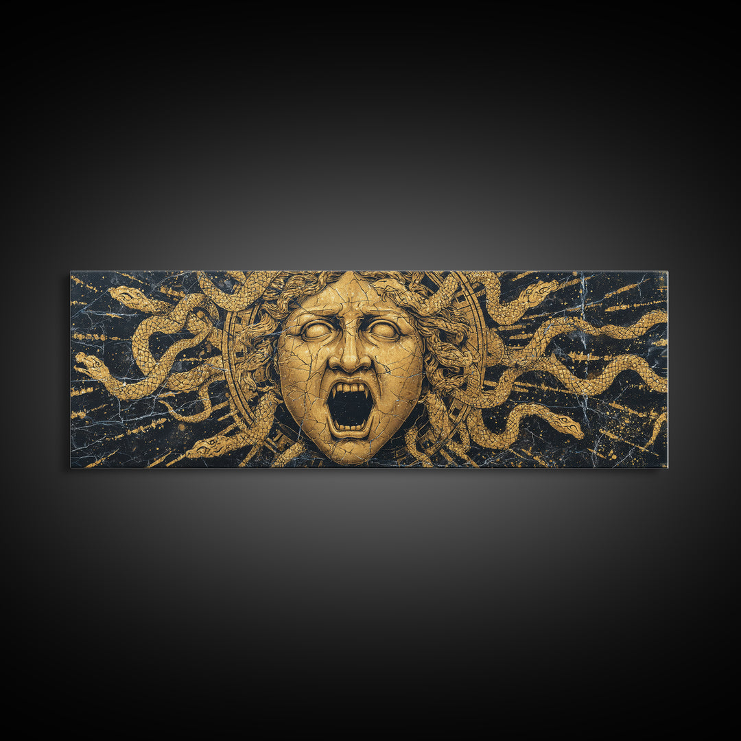Medusa Serpent Gold Canvas Print, Greek Mythology Wall Art, Gorgon Face Illustration, Real Wood Frame, Unique Statement Decor