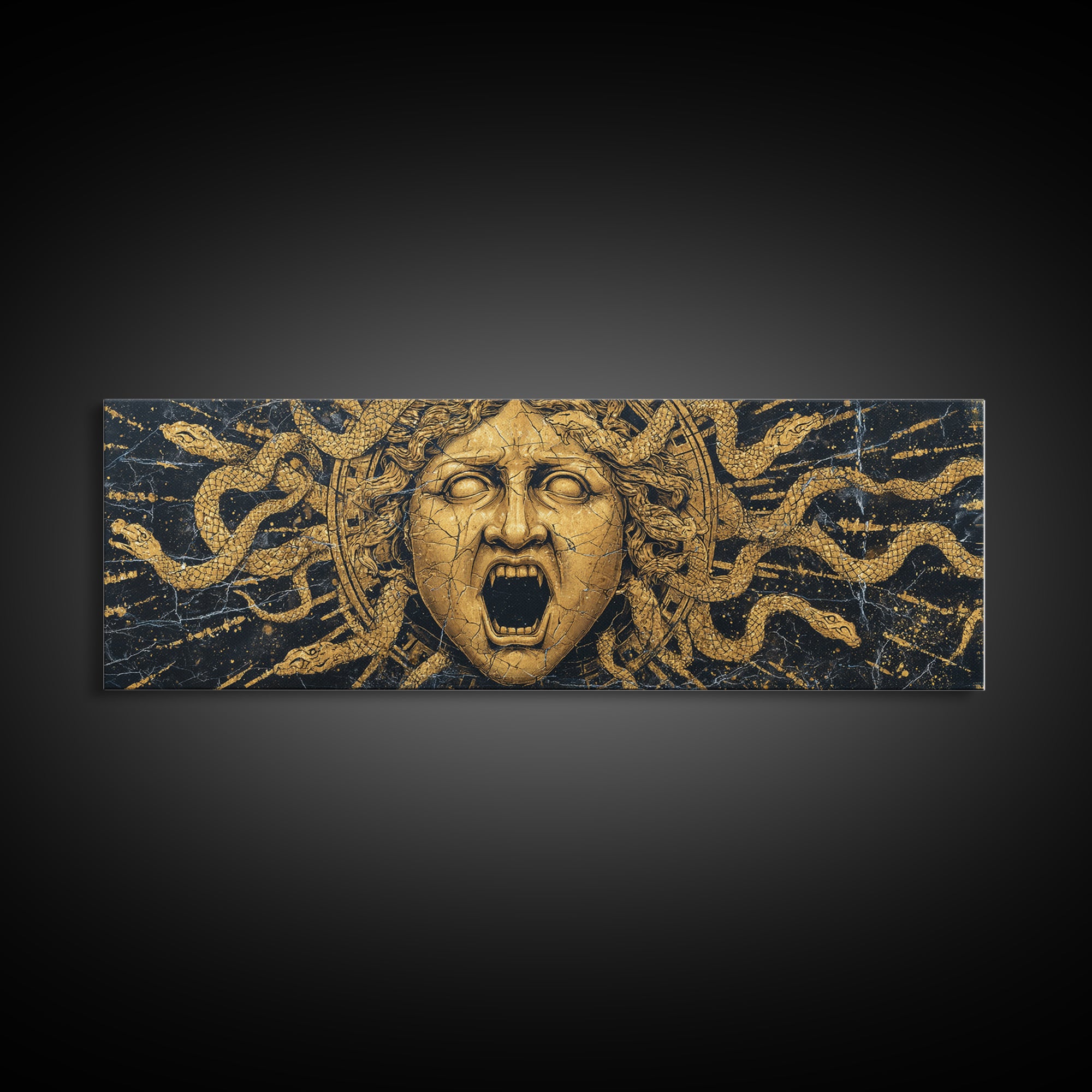 Medusa Serpent Gold Canvas Print, Greek Mythology Wall Art, Gorgon Face Illustration, Real Wood Frame, Unique Statement Decor
