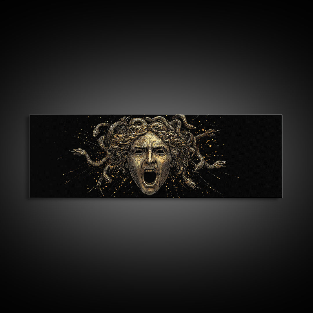 Medusa Head Gold Canvas Art, Greek Mythological Gorgon Wall Print, Snake Hair Woman Illustration, Real Wood Frame, Bold Luxury Decor