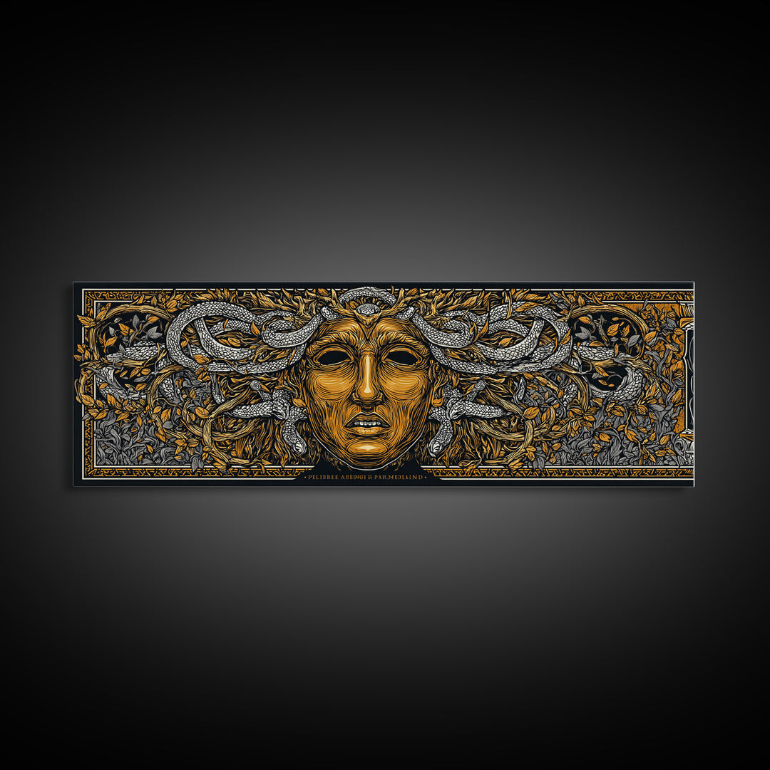 Medusa Myth Gold Canvas Print, Snake Goddess Wall Art, Ancient Greek Gorgon Illustration, Real Wood Frame, Dramatic Luxury Decor