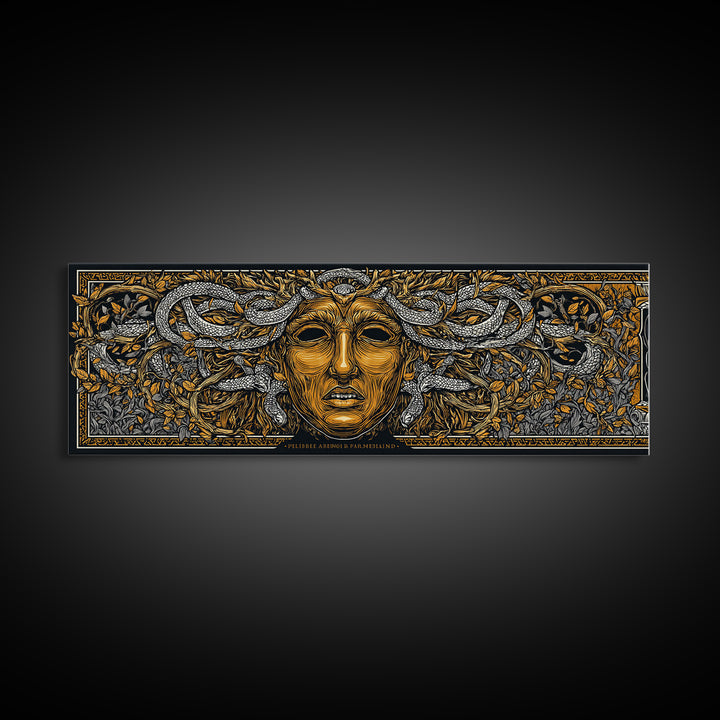 Medusa Myth Gold Canvas Print, Snake Goddess Wall Art, Ancient Greek Gorgon Illustration, Real Wood Frame, Dramatic Luxury Decor