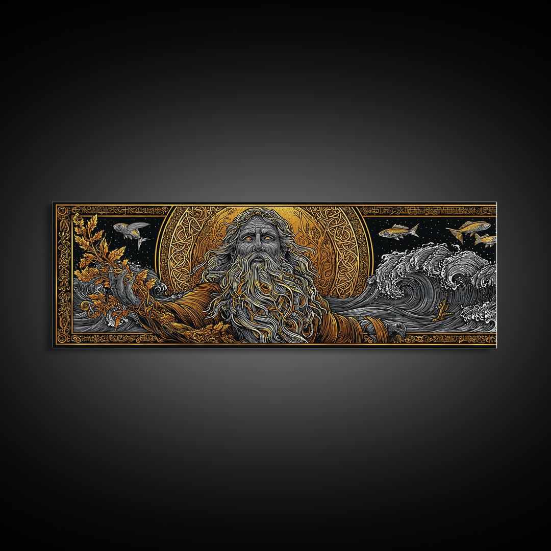 Oceanus Gold Canvas Print, Greek Titan Of The Sea, Mythology Wall Art, Flowing Waves Illustration, Real Wood Frame, Ocean Decor