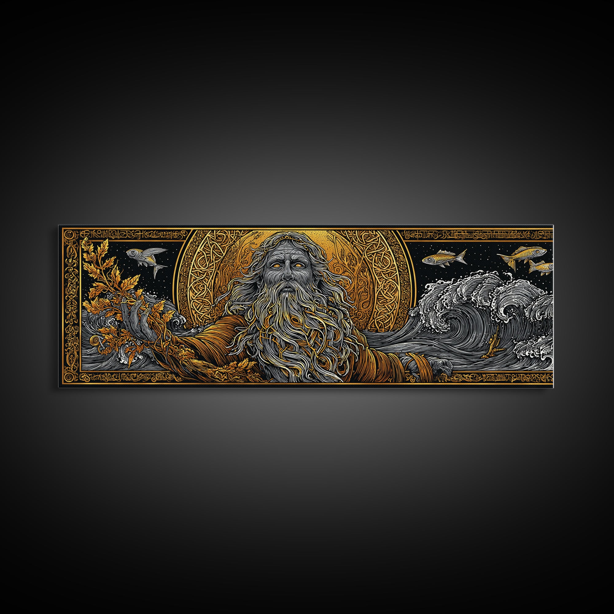 Oceanus Gold Canvas Print, Greek Titan Of The Sea, Mythology Wall Art, Flowing Waves Illustration, Real Wood Frame, Ocean Decor