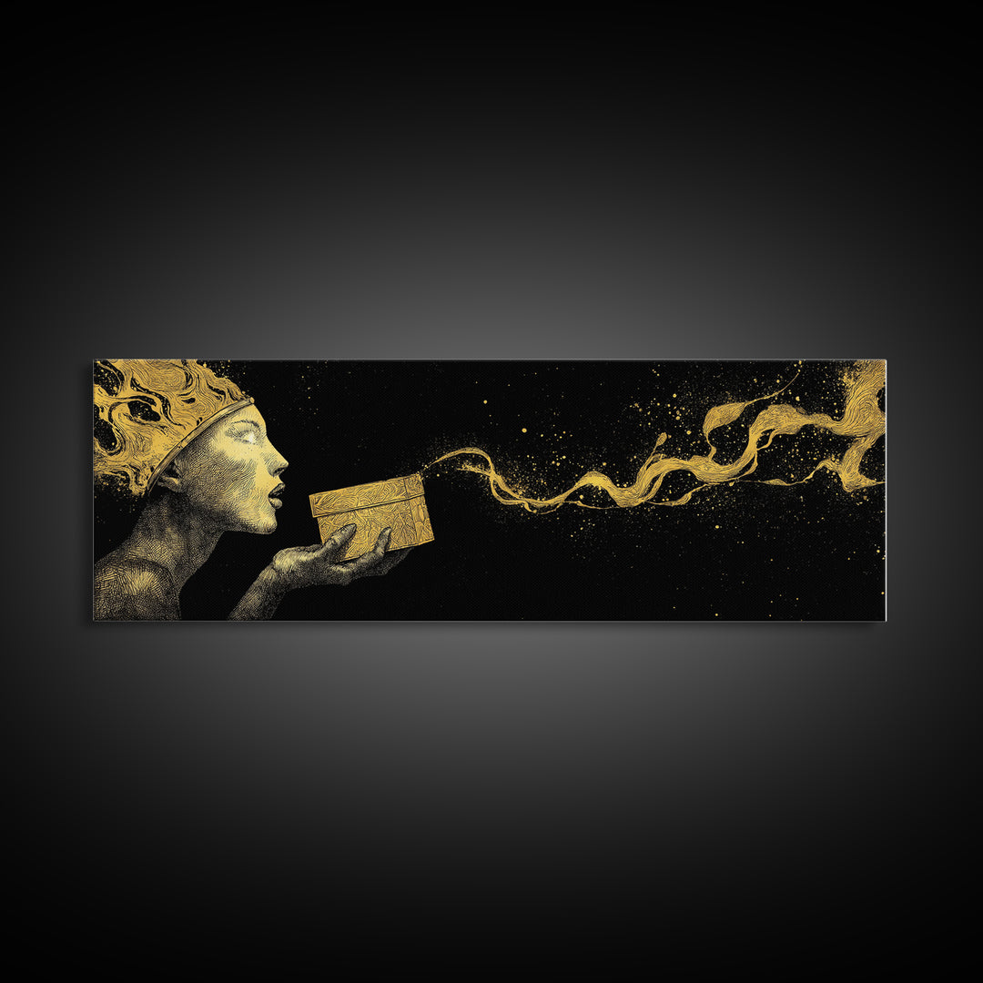 Pandora’s Gift Gold Canvas Print, Mythology Wall Art, Real Wood Framed Print, Luxury Goddess Artwork, Home Decor