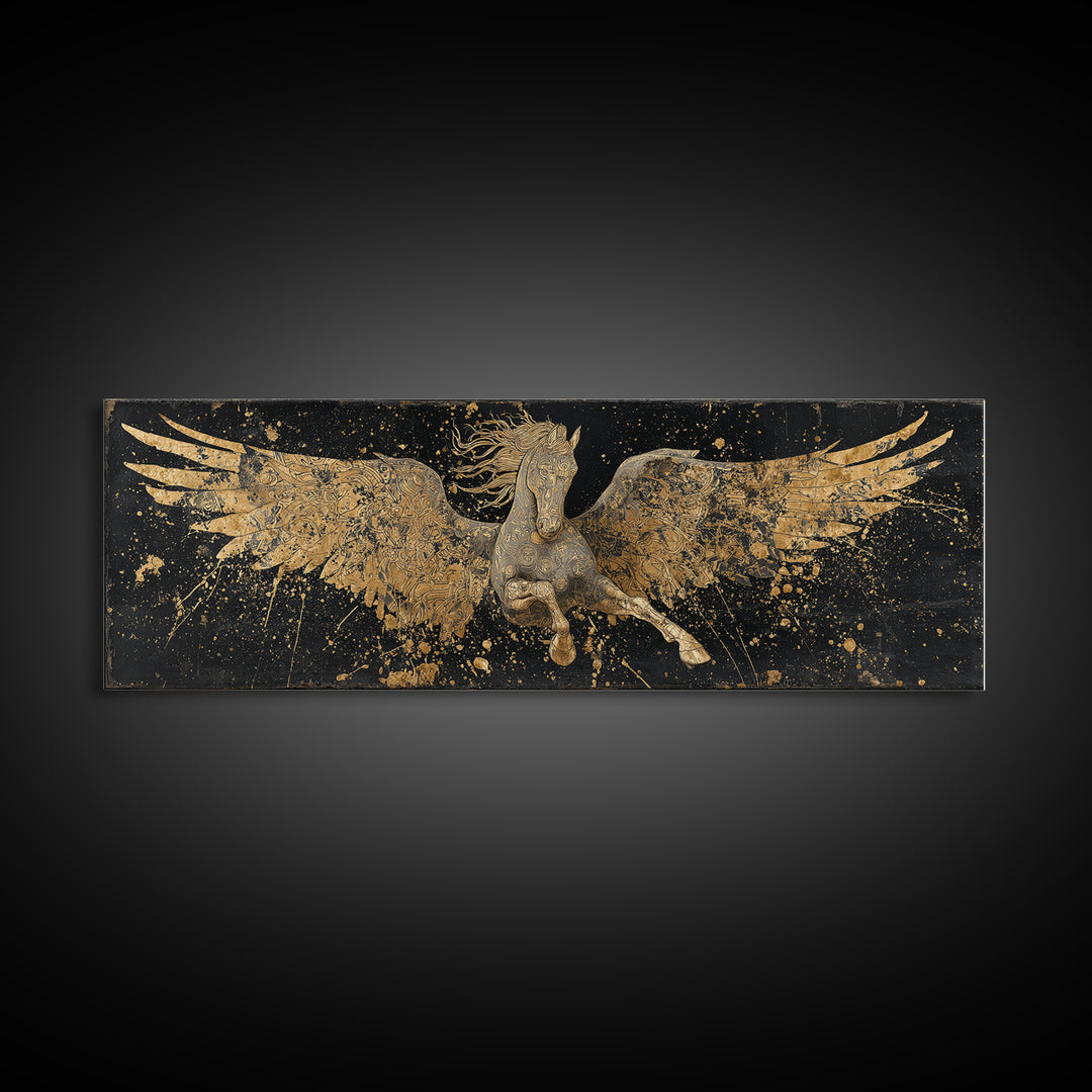 Pegasus Flying Gold Canvas Print, Greek Mythology Horse Wall Art, Real Wood Frame, Luxury Decorative Artwork