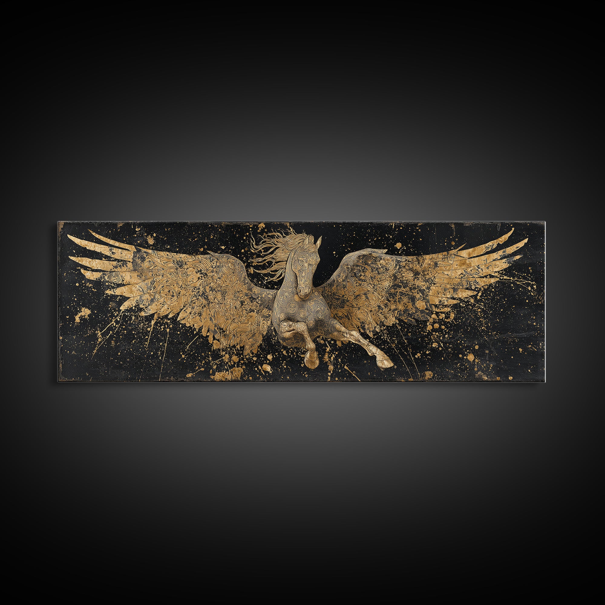 Pegasus Flying Gold Canvas Print, Greek Mythology Horse Wall Art, Real Wood Frame, Luxury Decorative Artwork