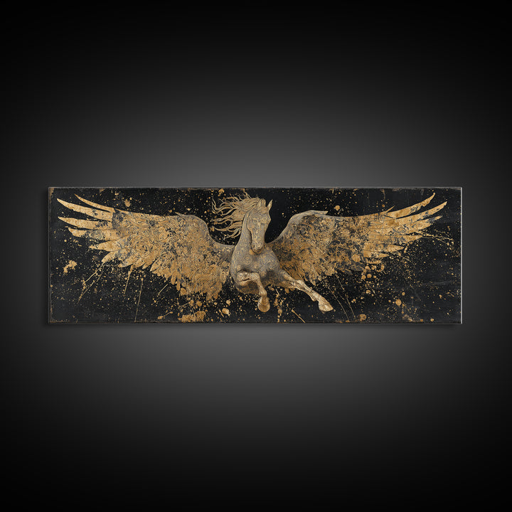 Pegasus Flying Gold Canvas Print, Greek Mythology Horse Wall Art, Real Wood Frame, Luxury Decorative Artwork