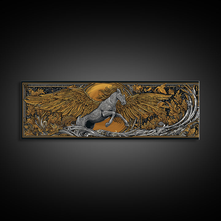 Pegasus Rising Gold Canvas Print, Mythological Horse Wall Art, Real Wood Frame, Luxury Collectible Decorative Art