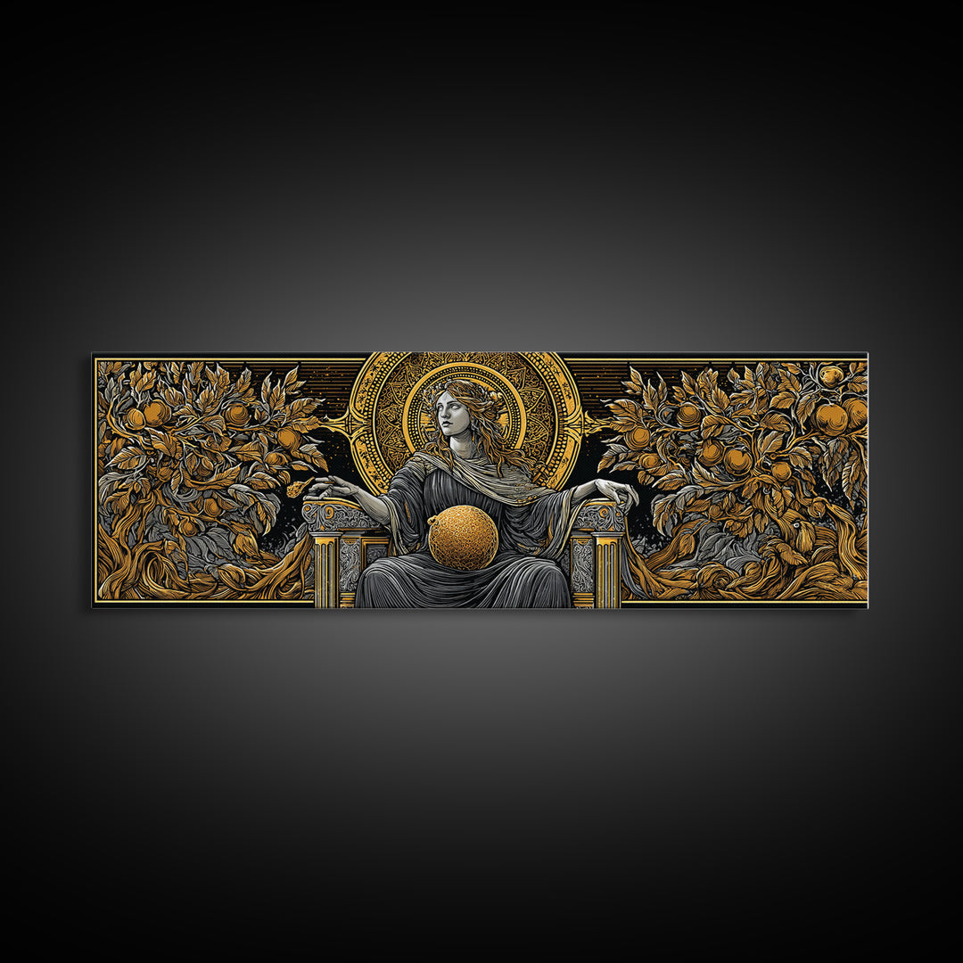 Persephone Throne Gold Canvas Print, Goddess Of Spring Wall Art, Real Wood Frame, Mythology Artwork For Decor