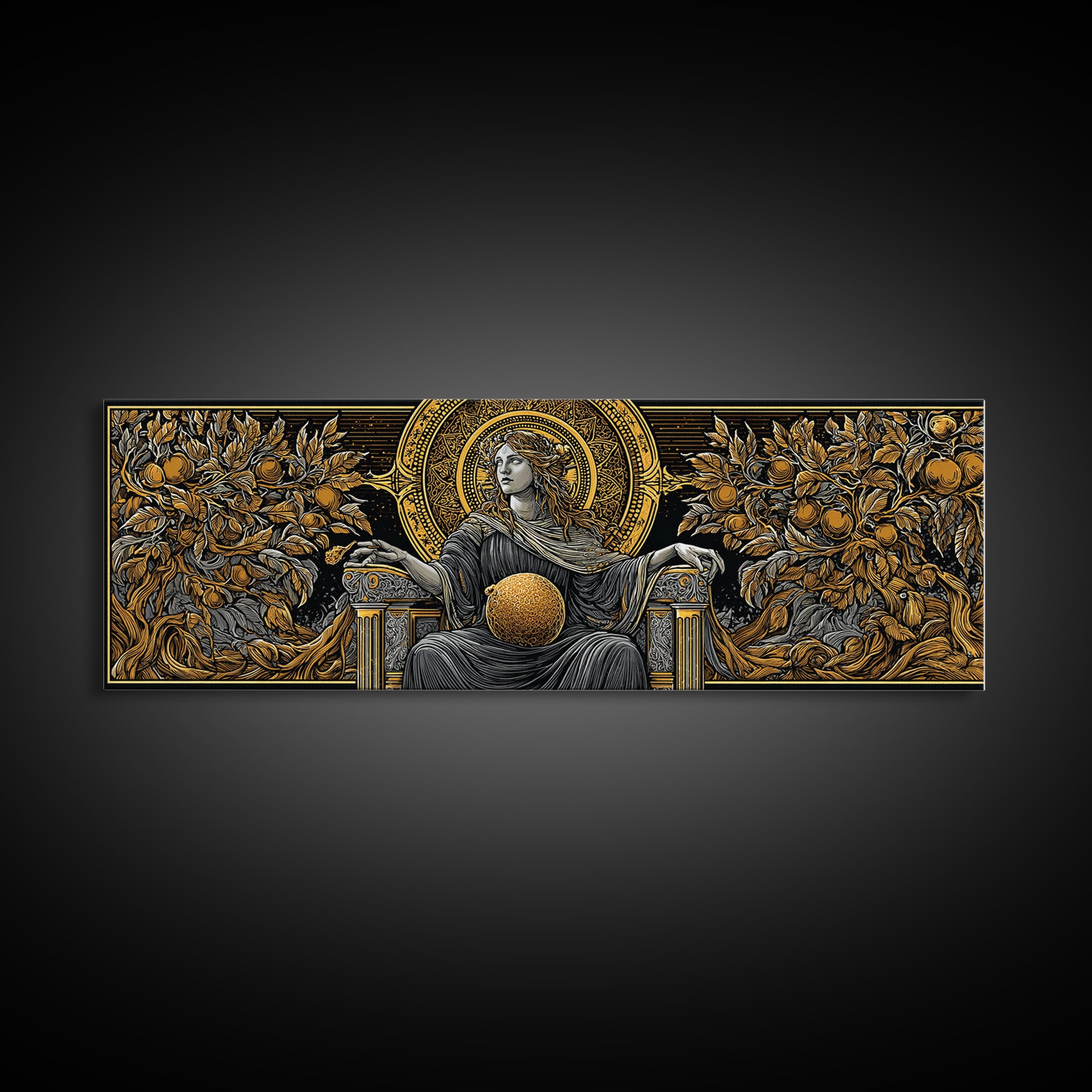 Persephone Throne Gold Canvas Print, Goddess Of Spring Wall Art, Real Wood Frame, Mythology Artwork For Decor