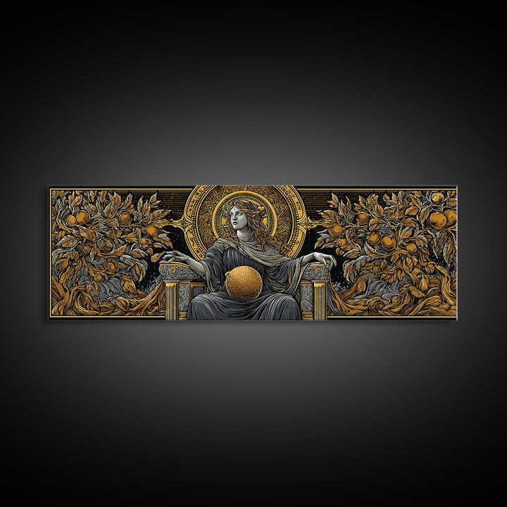 Persephone Throne Gold Canvas Print, Goddess Of Spring Wall Art, Real Wood Frame, Mythology Artwork For Decor