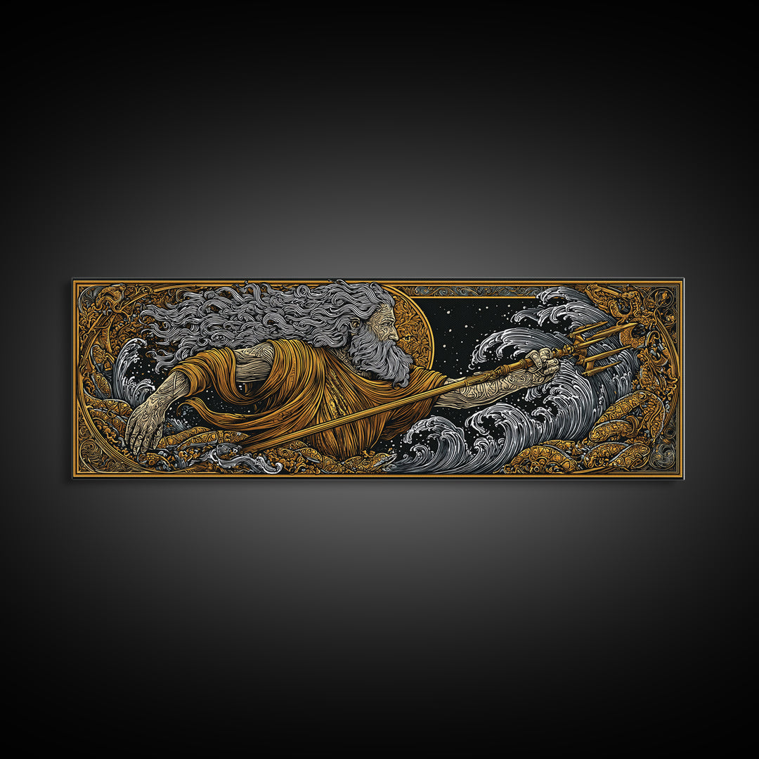 Poseidon Wields Gold Canvas Print, Sea God Wall Art, Real Wood Frame, Mythological Ocean Artwork For Home Decor