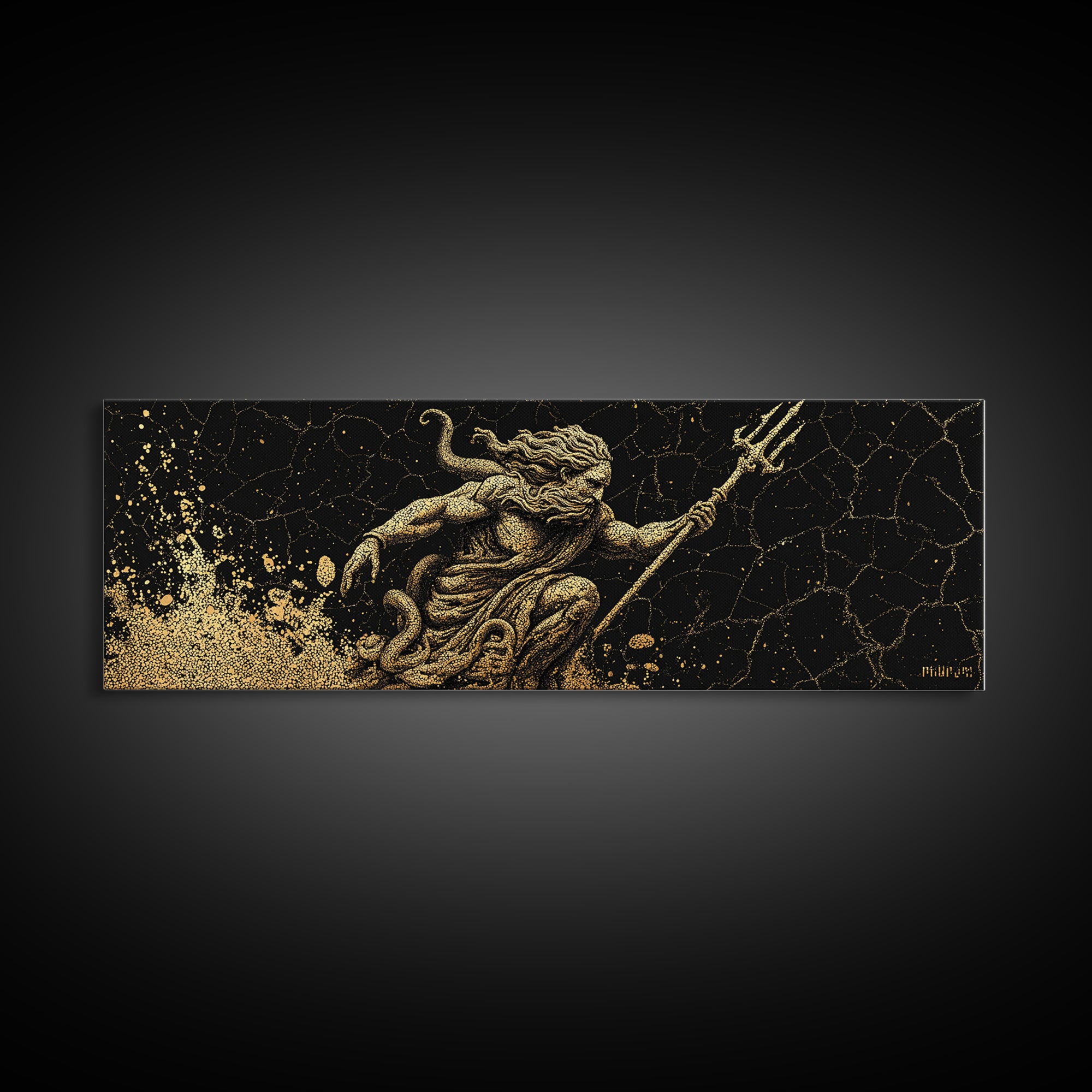 Poseidon Ocean Gold Canvas Print, Greek Mythology Wall Art, Real Wood Frame, Decorative God Of The Sea Artwork