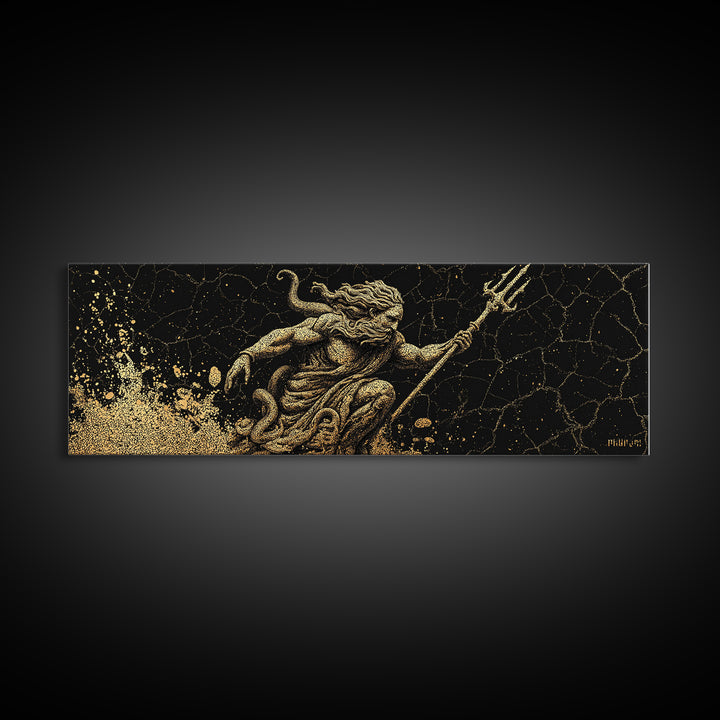 Poseidon Ocean Gold Canvas Print, Greek Mythology Wall Art, Real Wood Frame, Decorative God Of The Sea Artwork