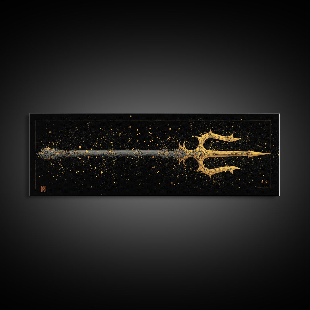 Poseidon Trident Gold Canvas Print, Mythology Wall Art, Real Wood Frame, Sea God Artwork For Home Or Office Decor