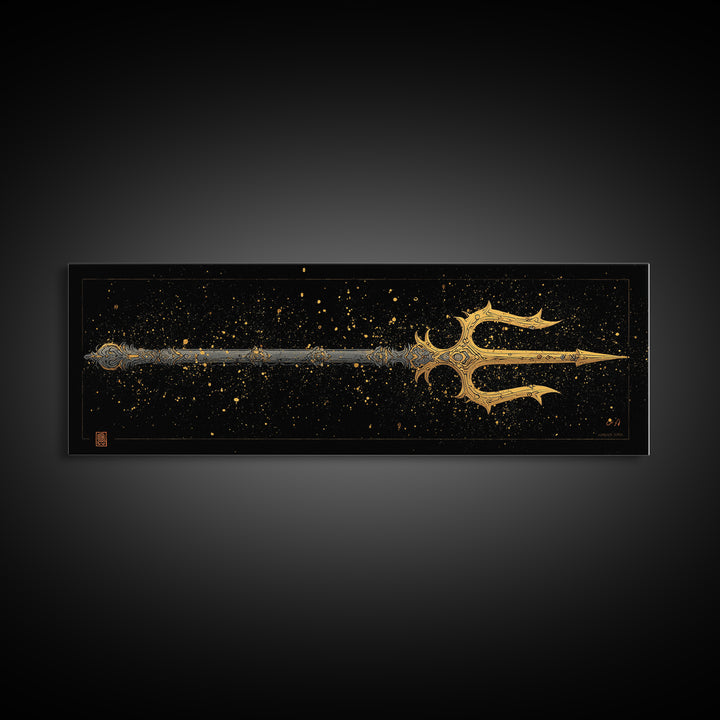 Poseidon Trident Gold Canvas Print, Mythology Wall Art, Real Wood Frame, Sea God Artwork For Home Or Office Decor