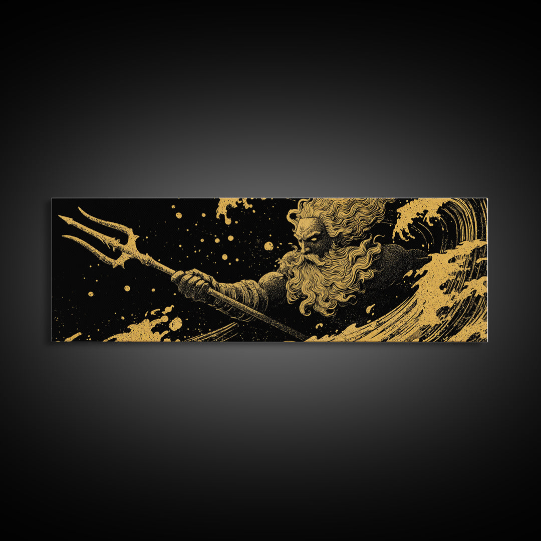 Poseidon Waves Gold Canvas Print, Mythological Sea God Wall Art, Real Wood Frame, Luxury Decorative Greek Artwork
