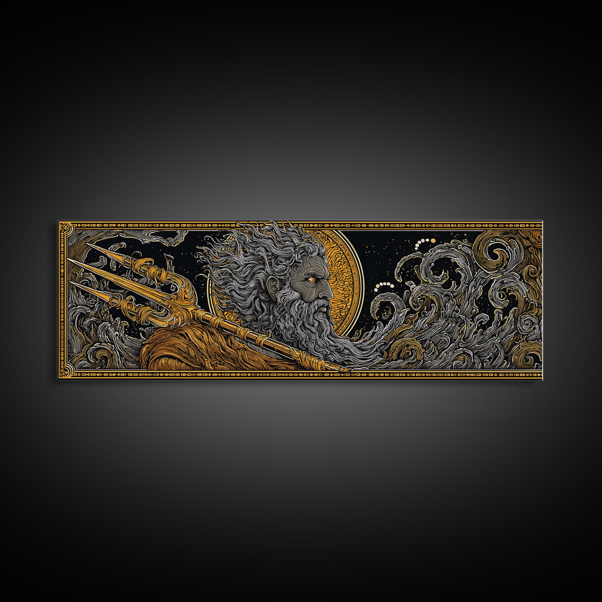 Poseidon With Trident Gold Canvas Print, Greek Mythology Wall Art, Real Wood Framed Canvas Artwork, Luxury Home Decor