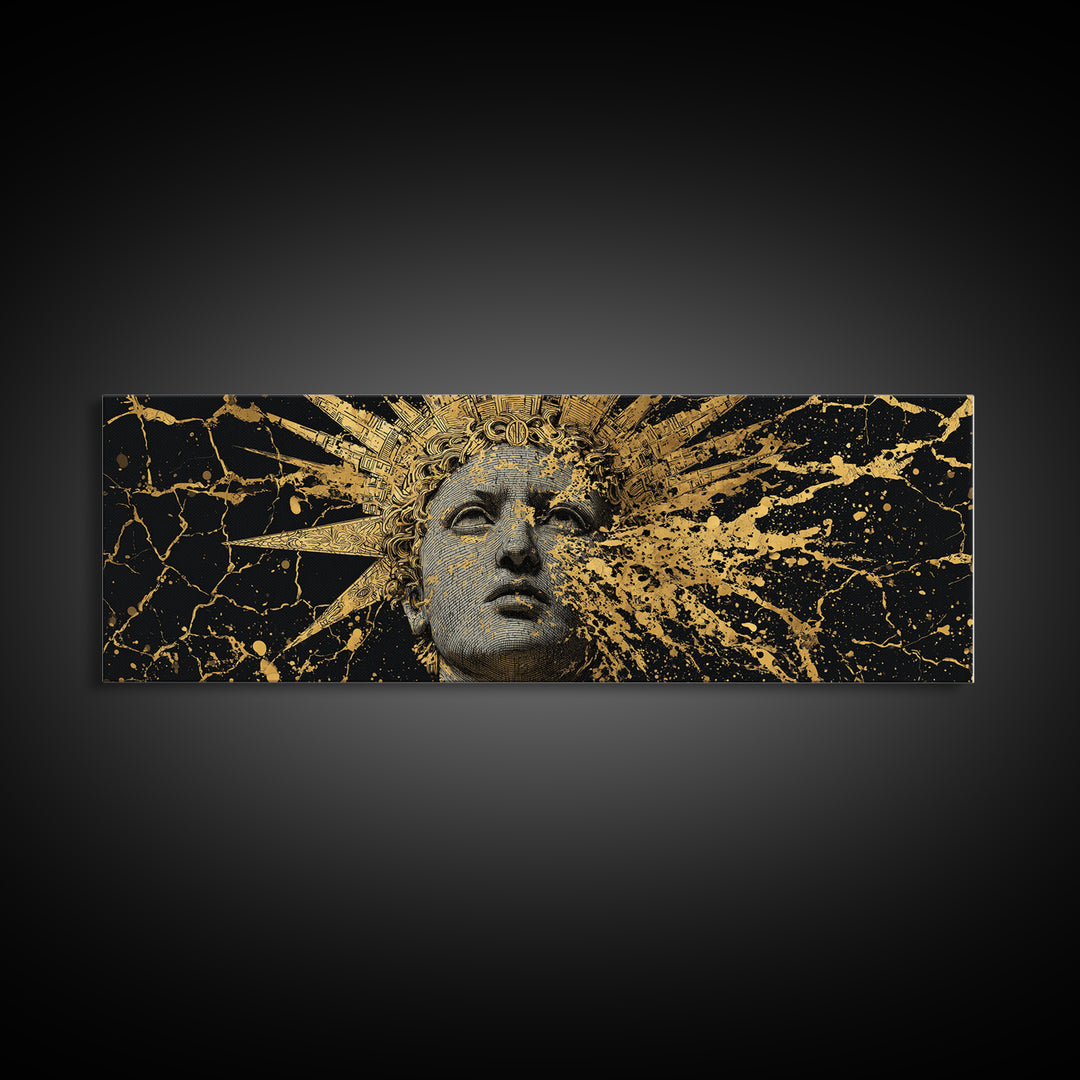 Prometheus Sunburst Bust Gold Canvas Print, Greek Statue Inspired Wall Art, Real Wood Frame, Elegant Mythology Artwork