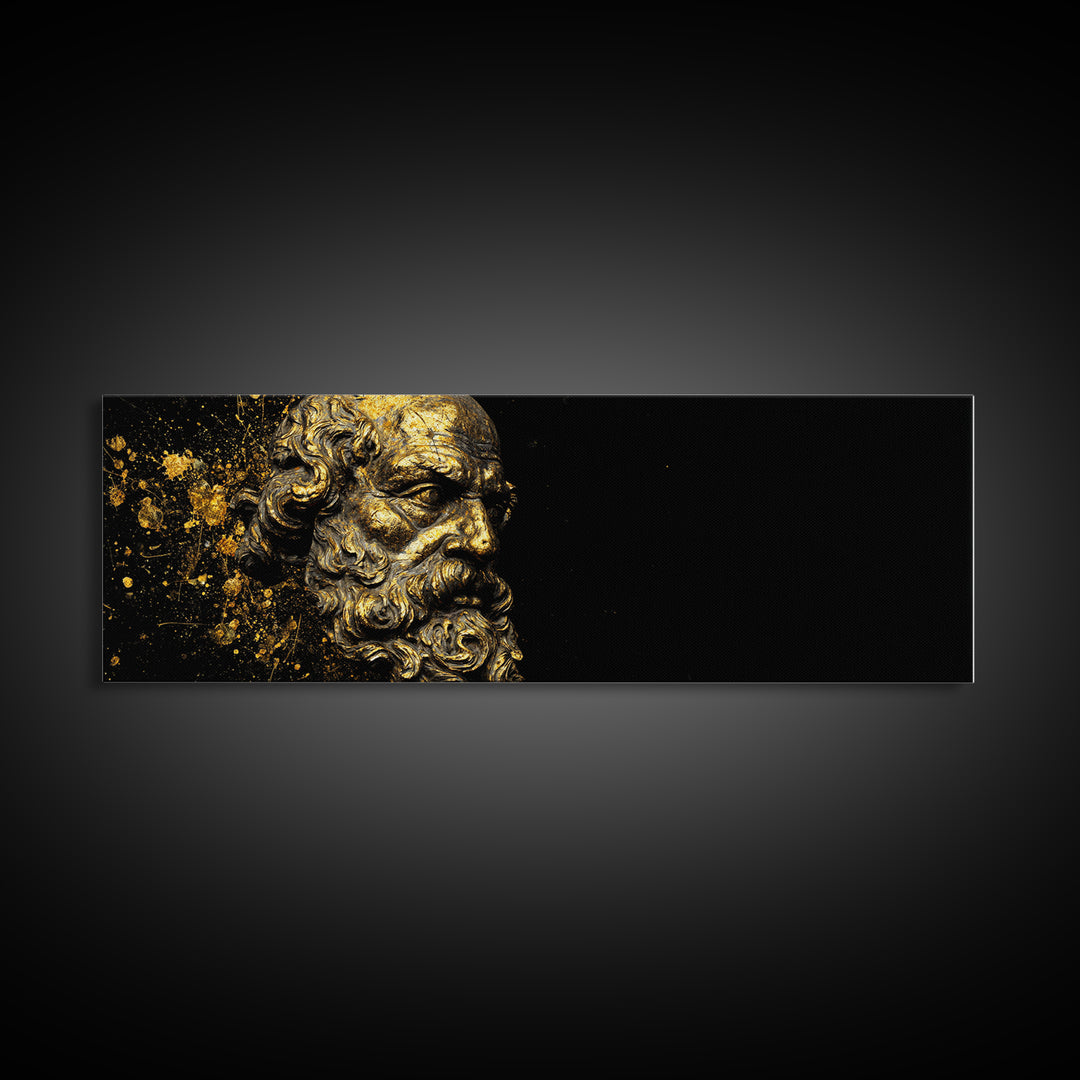 Socrates Bust Gold Canvas Art, Greek Philosopher Canvas Print, Classical Statue Inspired Artwork, Real Wood Frame Wall Decor