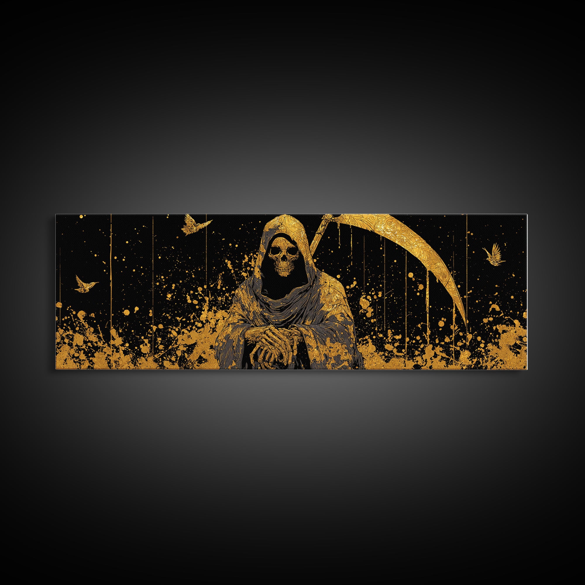 Thanatos Grim Reaper Gold Canvas Print, Mythology Inspired Wall Art, Real Wood Framed Canvas Artwork, Gothic Home Decor