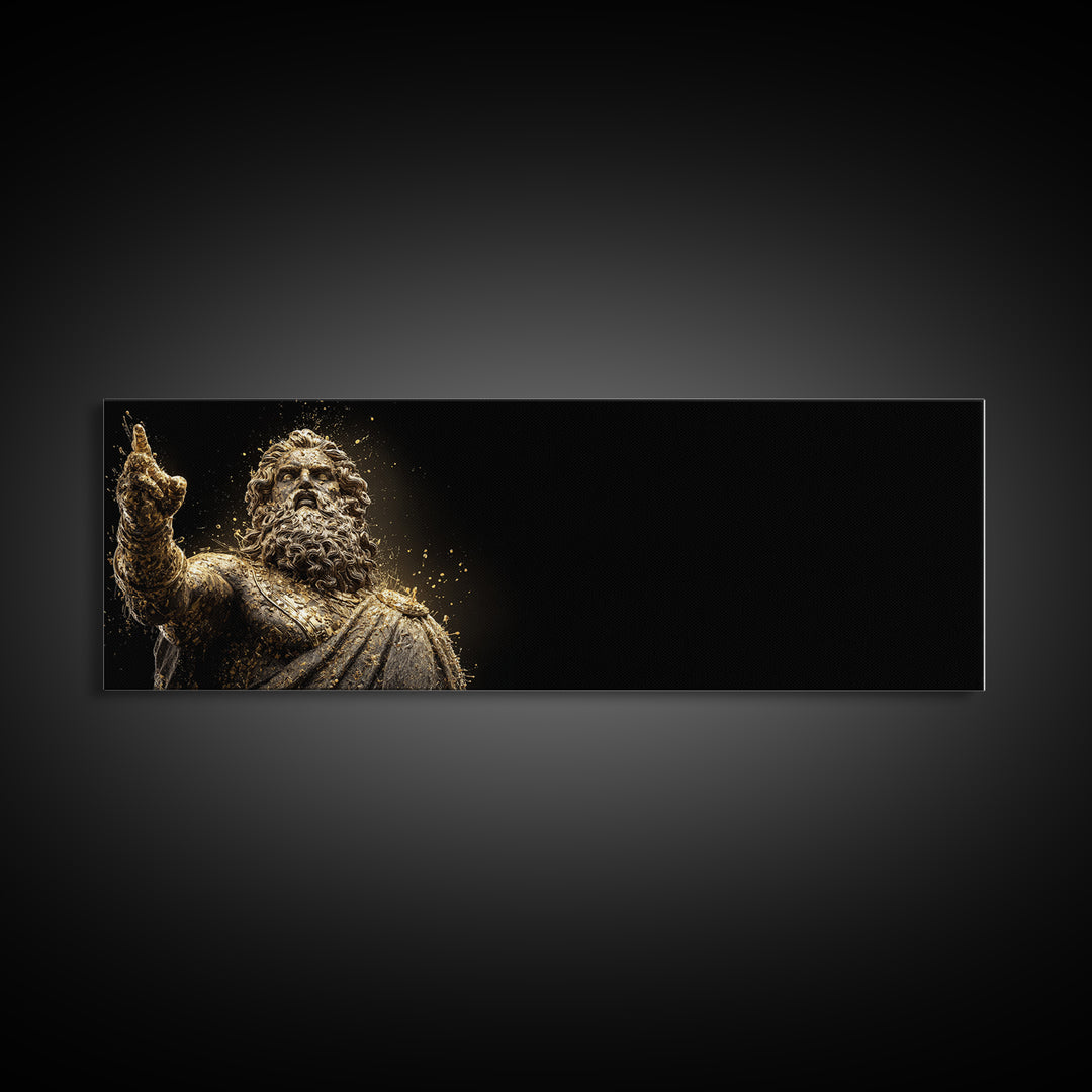 Zeus Statue Gold Canvas Print, Greek God Wall Art, Lightning King Decor, Real Wood Frame Mythology Inspired Artwork