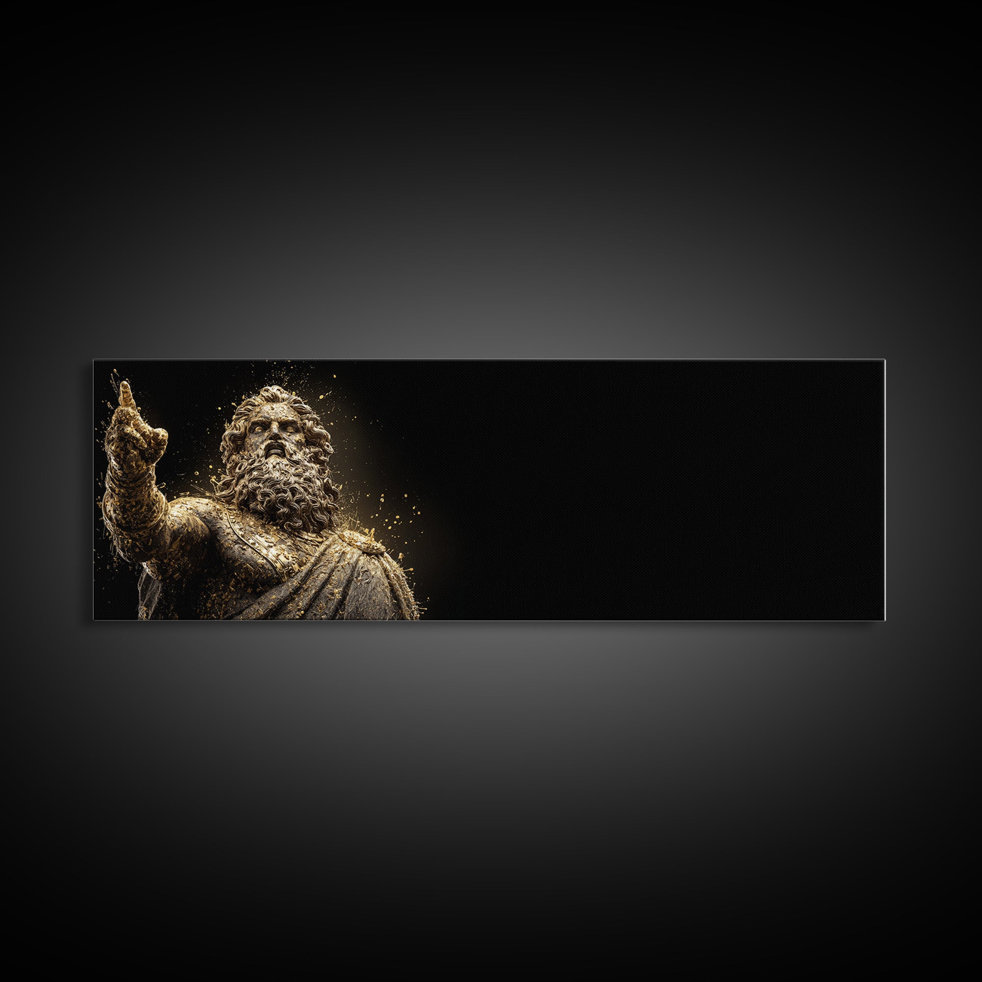 Zeus Statue Gold Canvas Print, Greek God Wall Art, Lightning King Decor, Real Wood Frame Mythology Inspired Artwork