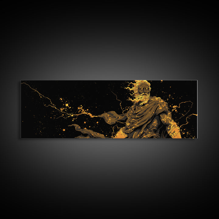 Zeus With Lightning Gold Canvas Art, Greek Mythology Canvas Print, Real Wood Frame Decor, Dramatic Wall Artwork For Home