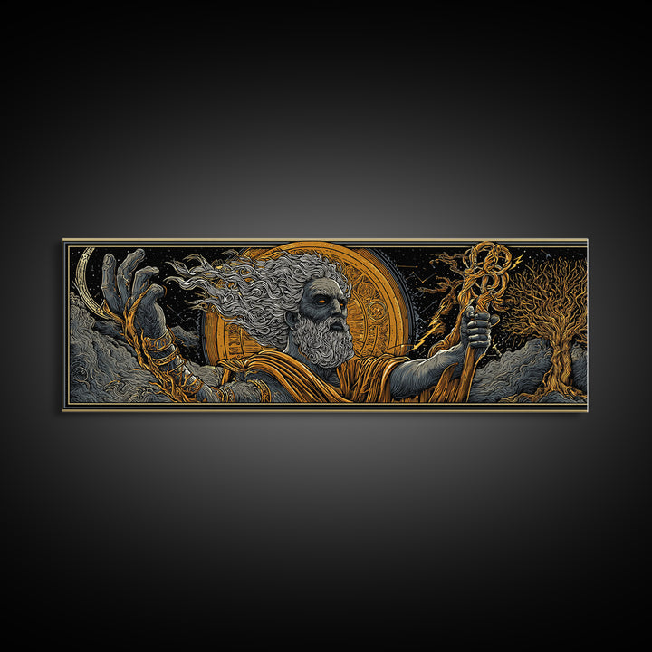 Zeus With Staff Gold Canvas Print, Greek God Wall Art, Regal Mythology Decor, Real Wood Frame Luxury Artwork