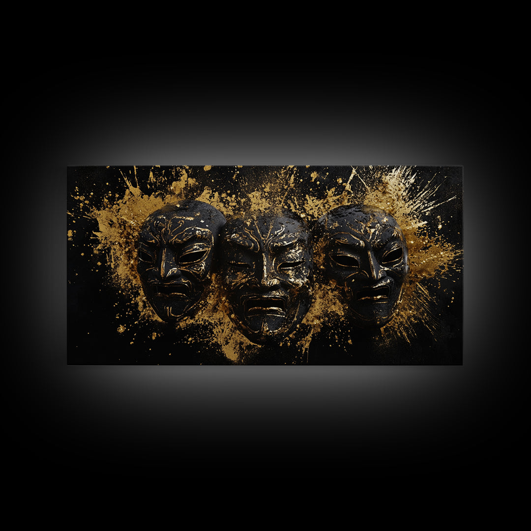 Tribal Drama Mask Gold Canvas Print, Abstract Splatter Art On Canvas, Real Wood Frame Wall Décor, Gothic Theater Artwork