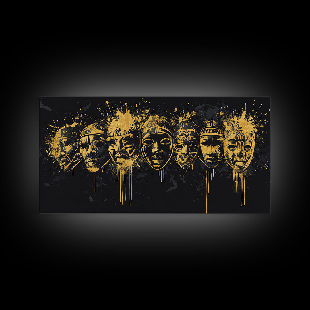 Intricate Regal Mask Gold Canvas Art, Ornate Splatter Canvas Print, Real Wood Frame Wall Décor, Dramatic Statement Artwork