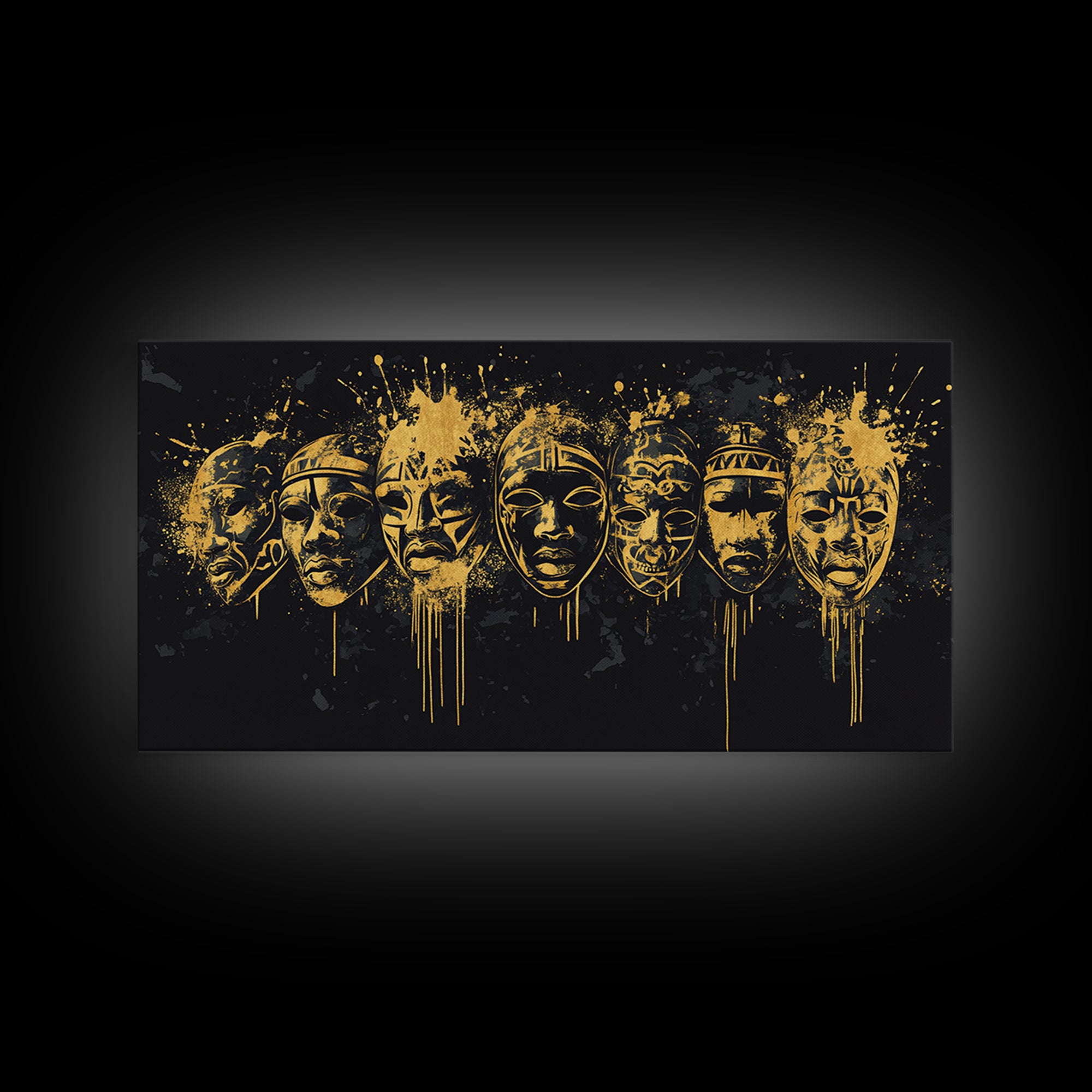 Intricate Regal Mask Gold Canvas Art, Ornate Splatter Canvas Print, Real Wood Frame Wall Décor, Dramatic Statement Artwork