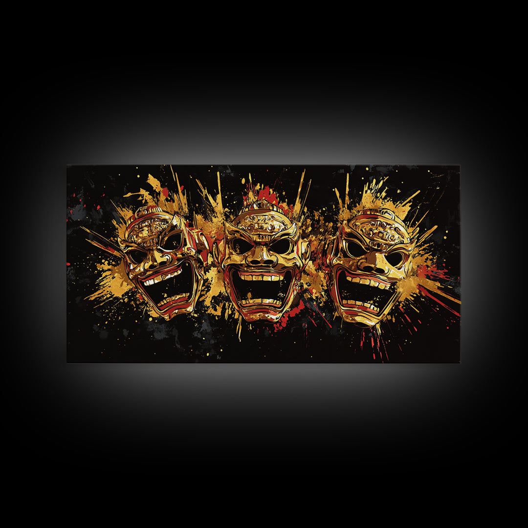 Skull Gold Canvas Print, Gothic Splatter Art On Canvas, Real Wood Frame Wall Décor, Macabre Dark Aesthetic Artwork
