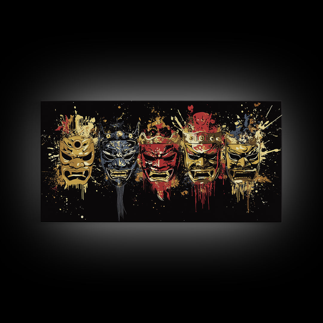 Tribal Mask Gold Canvas Art, Primitive Splatter Canvas Print, Real Wood Frame Wall Décor, Ethnic Gothic Statement Artwork