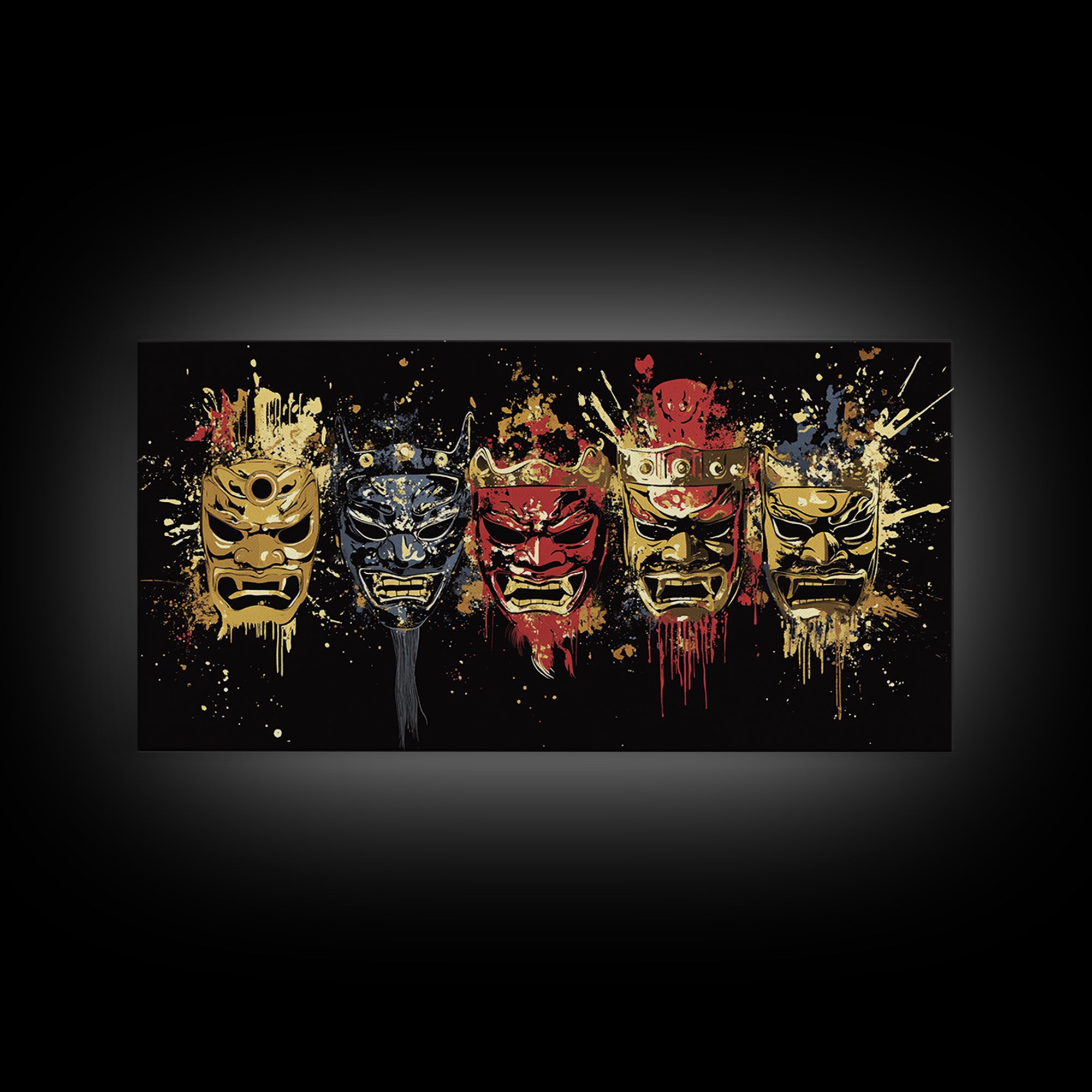 Tribal Mask Gold Canvas Art, Primitive Splatter Canvas Print, Real Wood Frame Wall Décor, Ethnic Gothic Statement Artwork