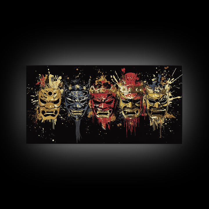 Tribal Mask Gold Canvas Art, Primitive Splatter Canvas Print, Real Wood Frame Wall Décor, Ethnic Gothic Statement Artwork